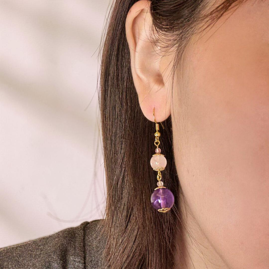 Boucles d'Oreilles Quartz Rose et Améthyste – Plongée Ether