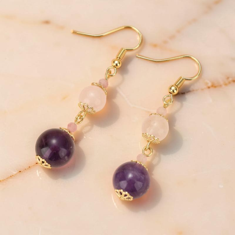 Boucles d'Oreilles Quartz Rose et Améthyste – Plongée Ether