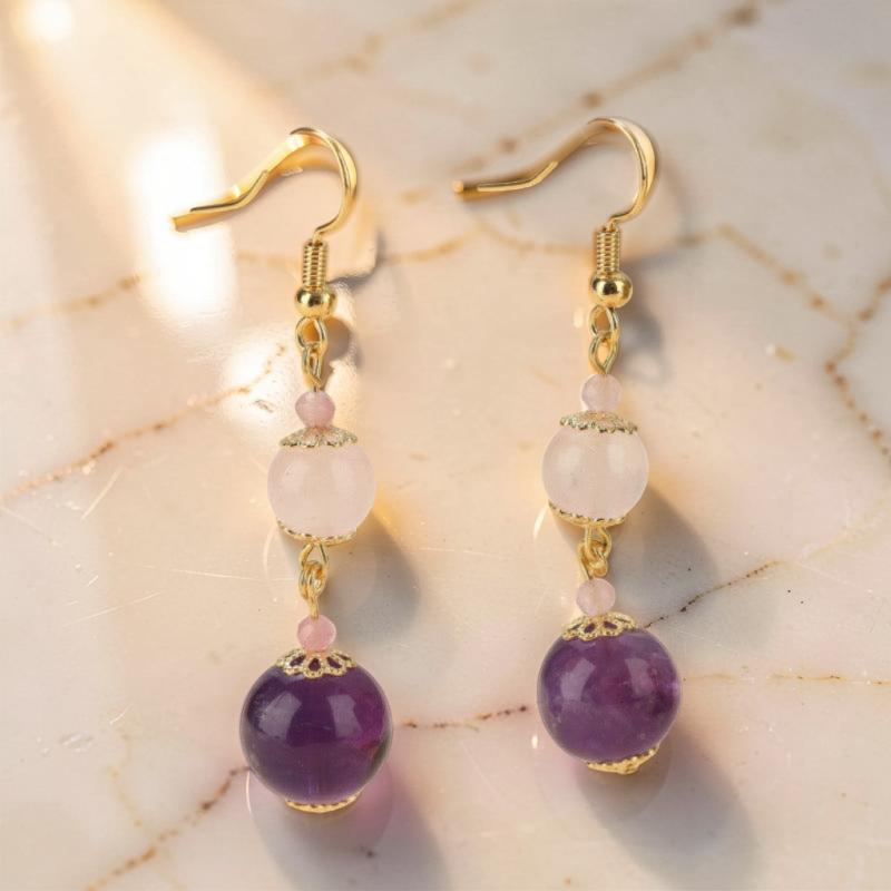 Boucles d'Oreilles Quartz Rose et Améthyste – Plongée Ether