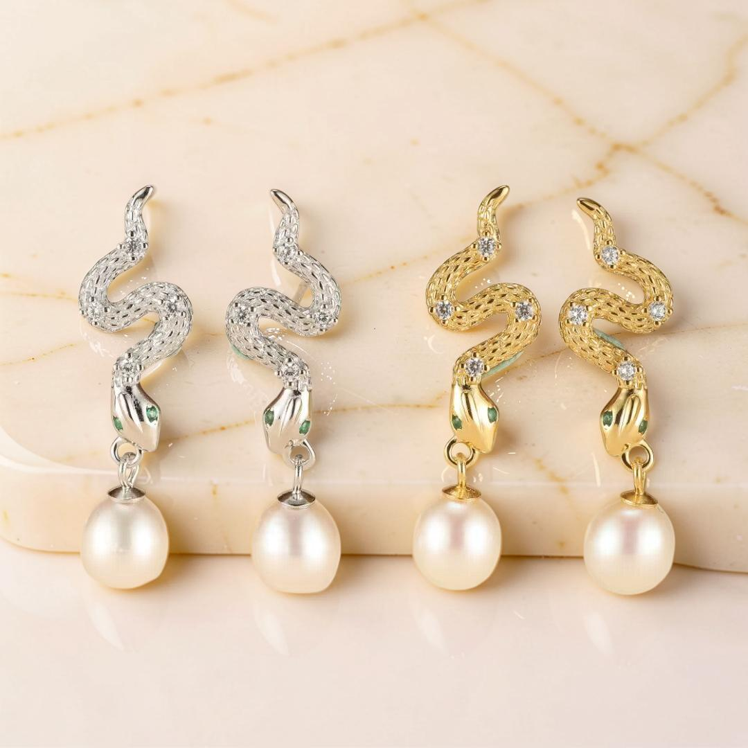 Boucles d’Oreilles Serpent – Mystique Perlée, Argent 925