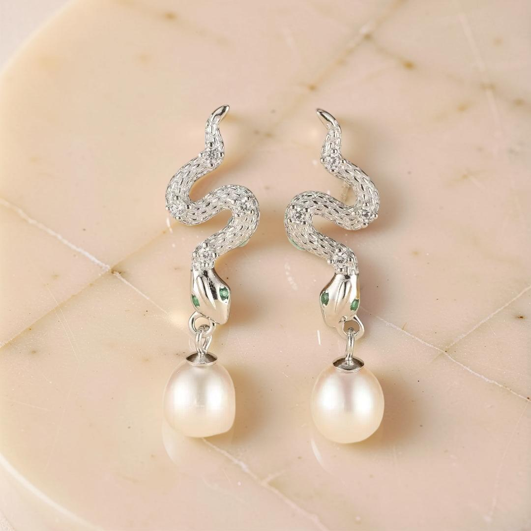 Boucles d’Oreilles Serpent – Mystique Perlée, Argent 925