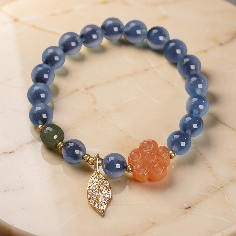 Bracelet Agate Bleue – Feuille Dorée