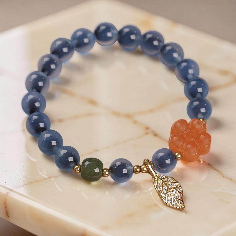 Bracelet Agate Bleue – Feuille Dorée