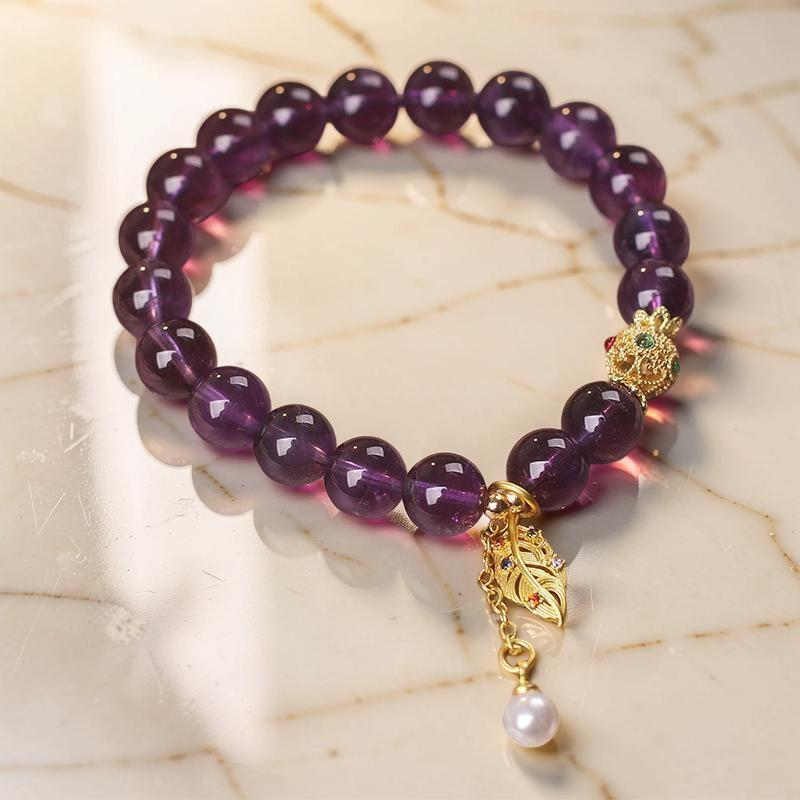 Bracelet Améthyste et Perle – Feuille Dorée