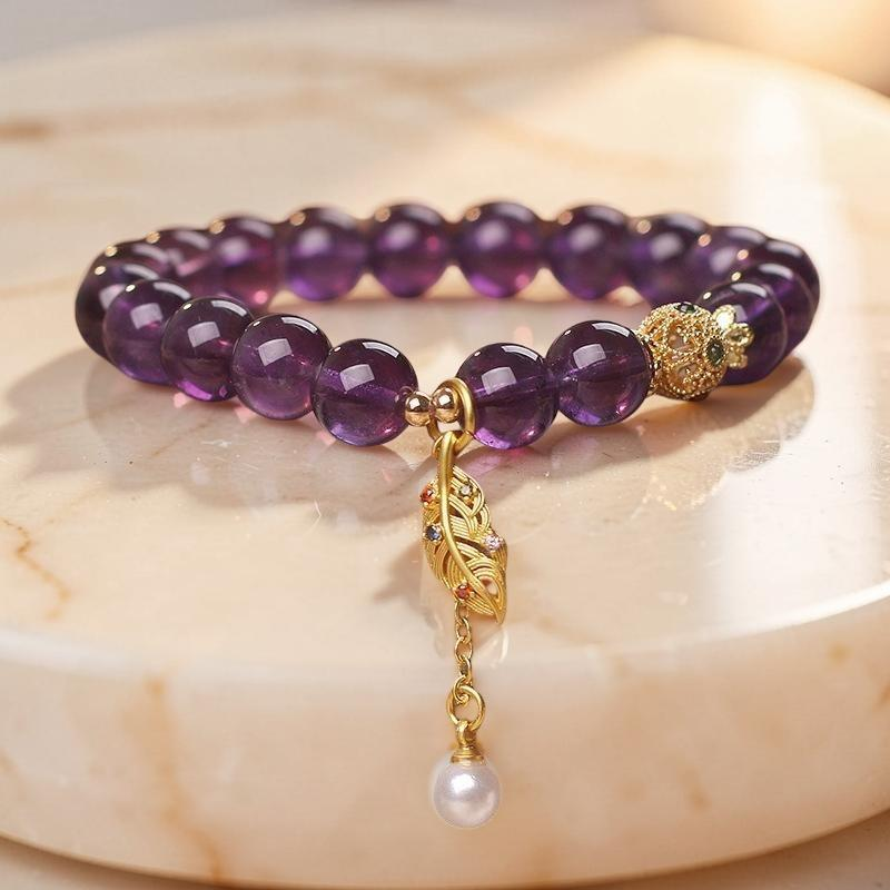 Bracelet Améthyste et Perle – Feuille Dorée