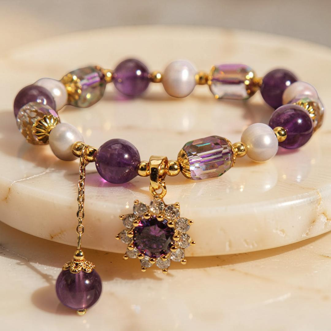 Bracelet Améthyste et Perle – Fleur de Soleil