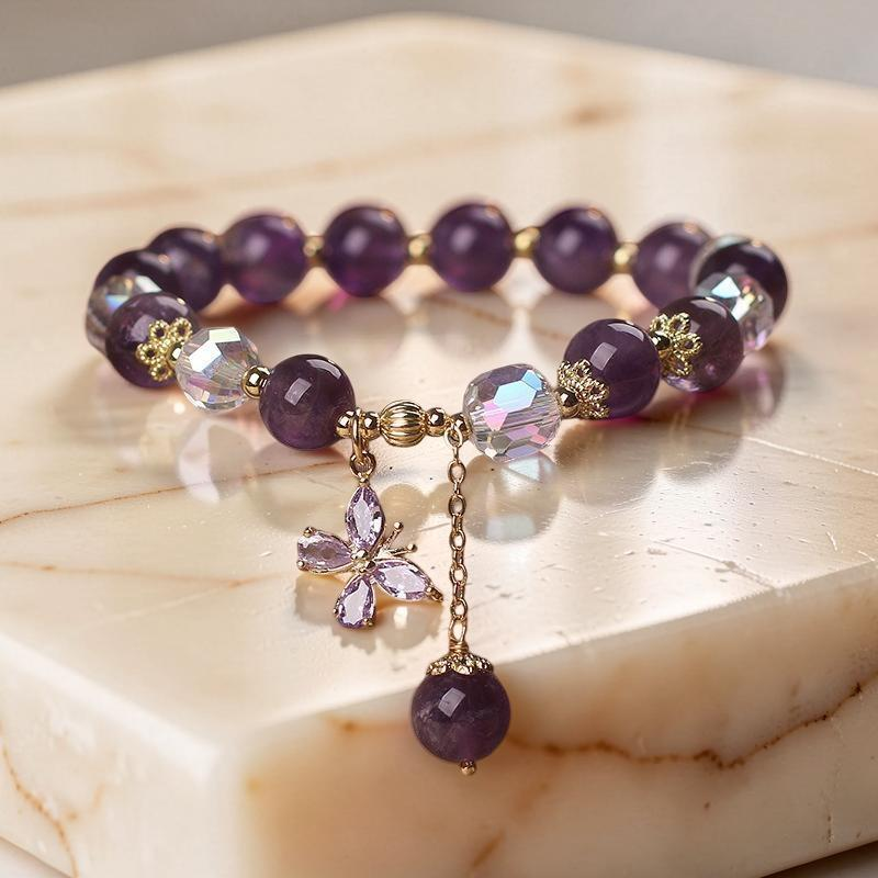 Bracelet Améthyste et Quartz Clair – Papillon