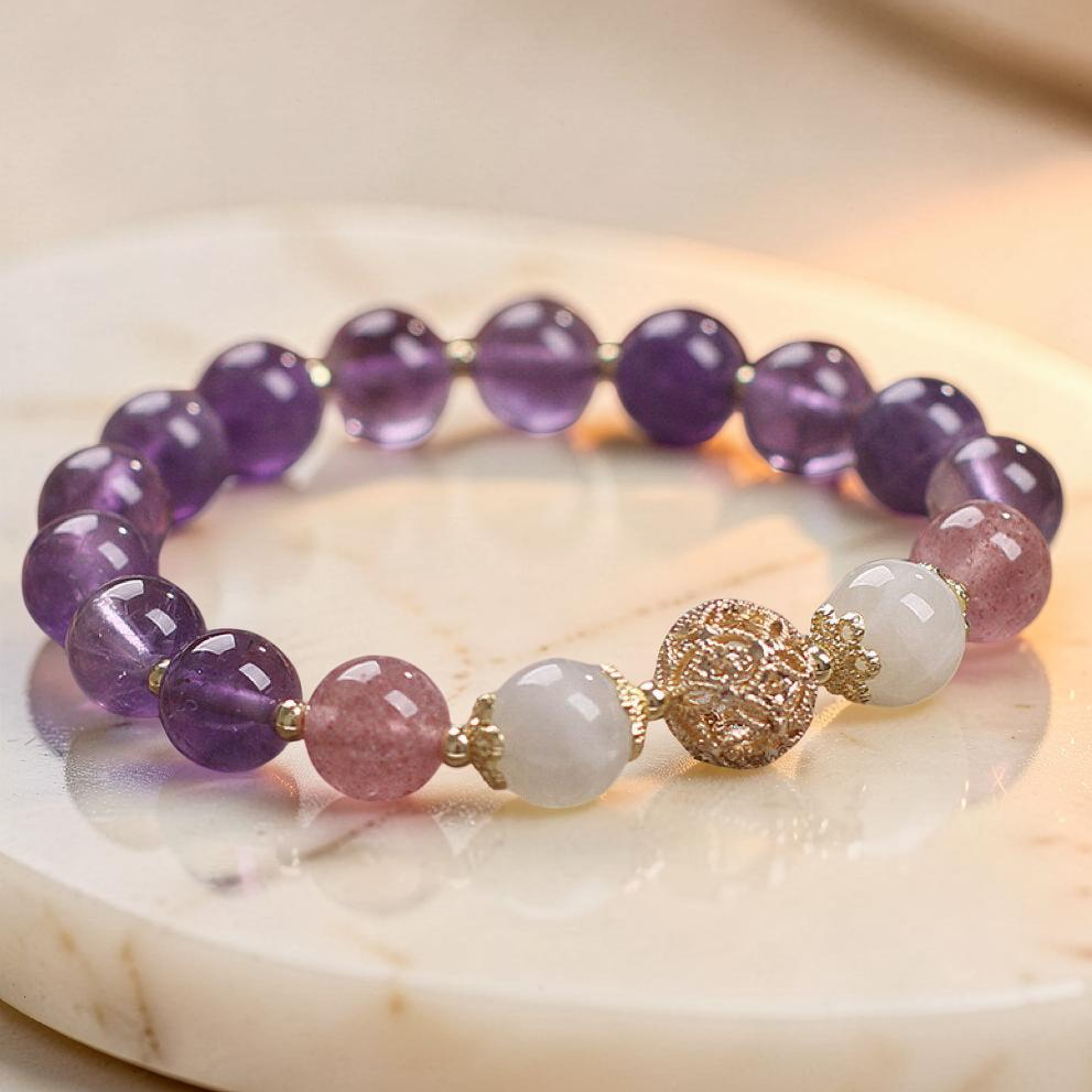 Bracelet Améthyste et Quartz Fraise – Rêve Lilas