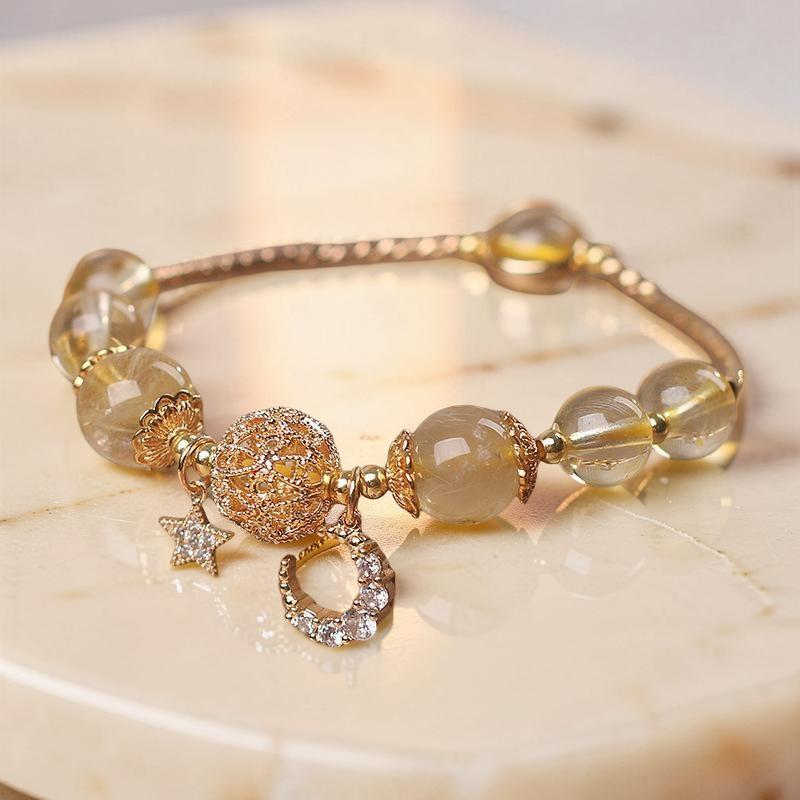 Bracelet Citrine Lune et Étoile – Nuit de Rêveur