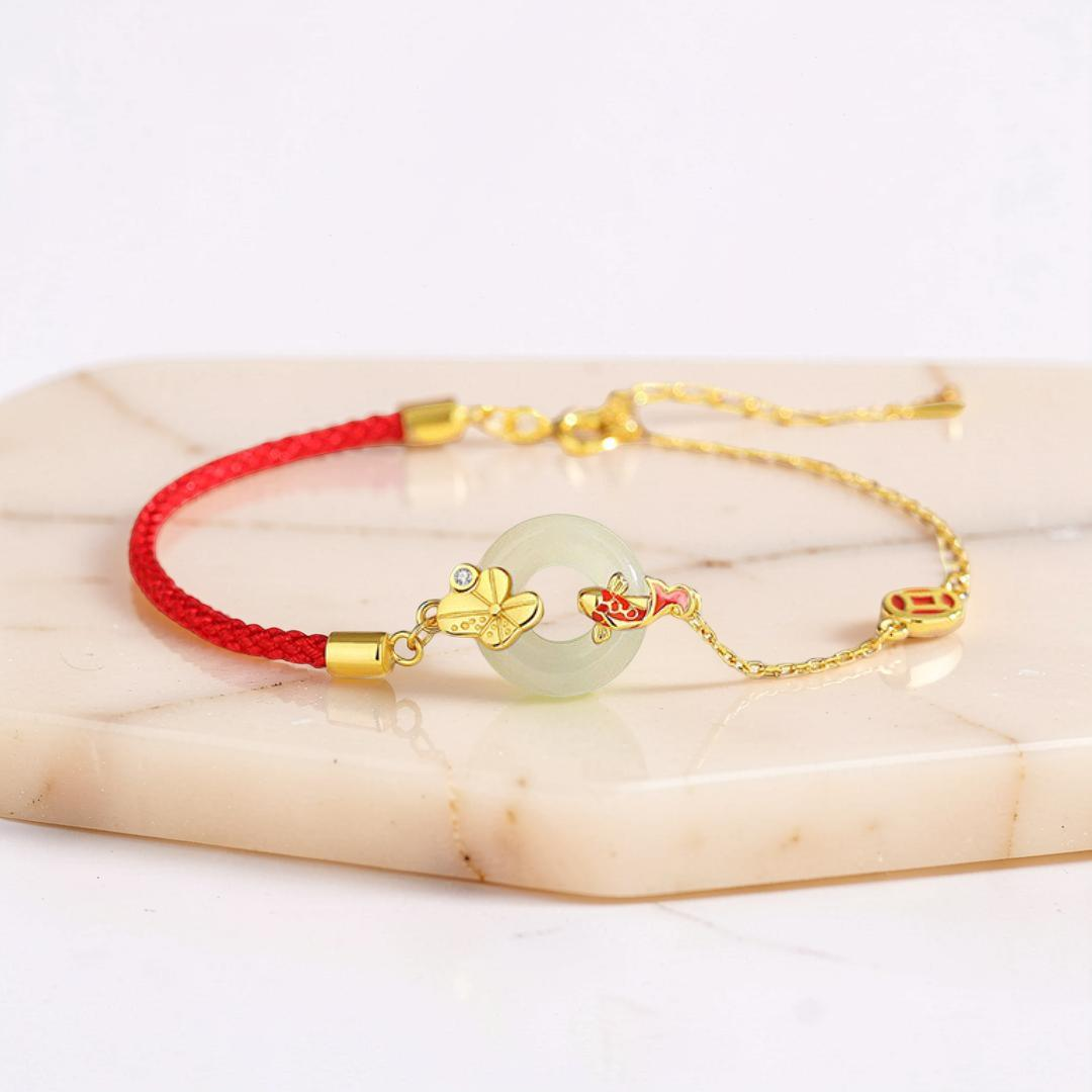 Bracelet Cordon Rouge et Jade – Carpe Koï, Argent Plaqué Or
