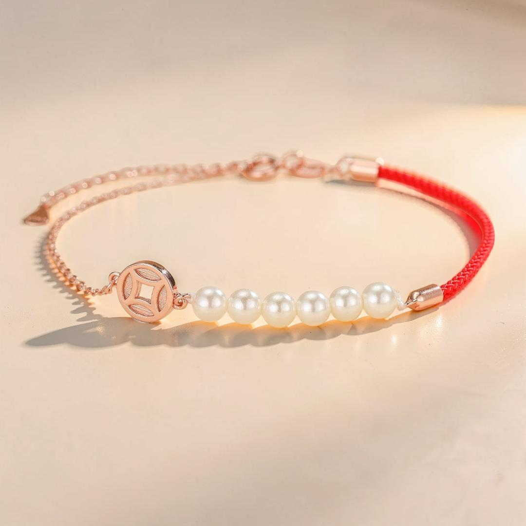 Bracelet Cordon Rouge et Nacre – Abondance, Argent