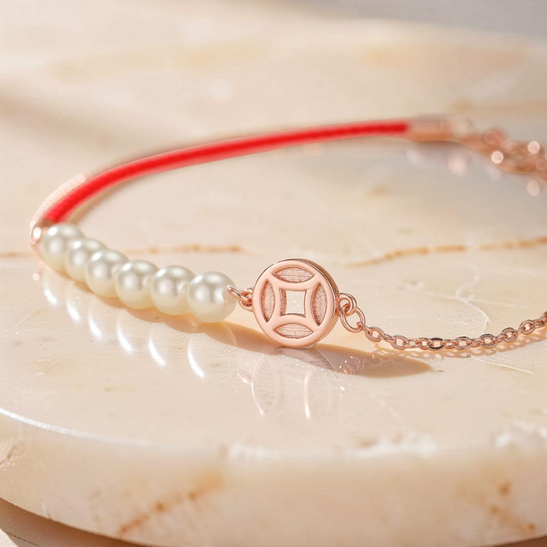 Bracelet Cordon Rouge et Nacre – Abondance, Argent