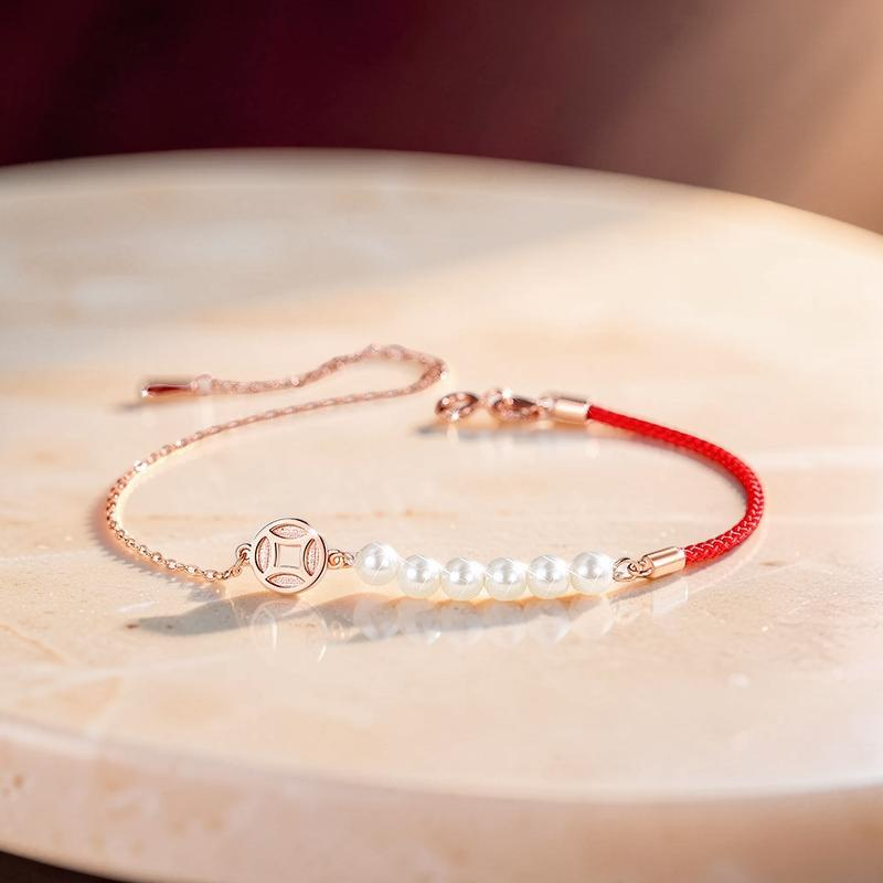 Bracelet Cordon Rouge et Nacre – Abondance, Argent