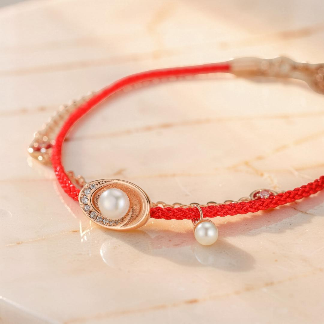 Bracelet Cordon Rouge et Perle – Trésor Marin, Argent Plaqué Or