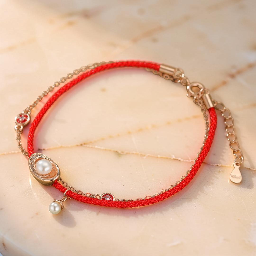 Bracelet Cordon Rouge et Perle – Trésor Marin, Argent Plaqué Or