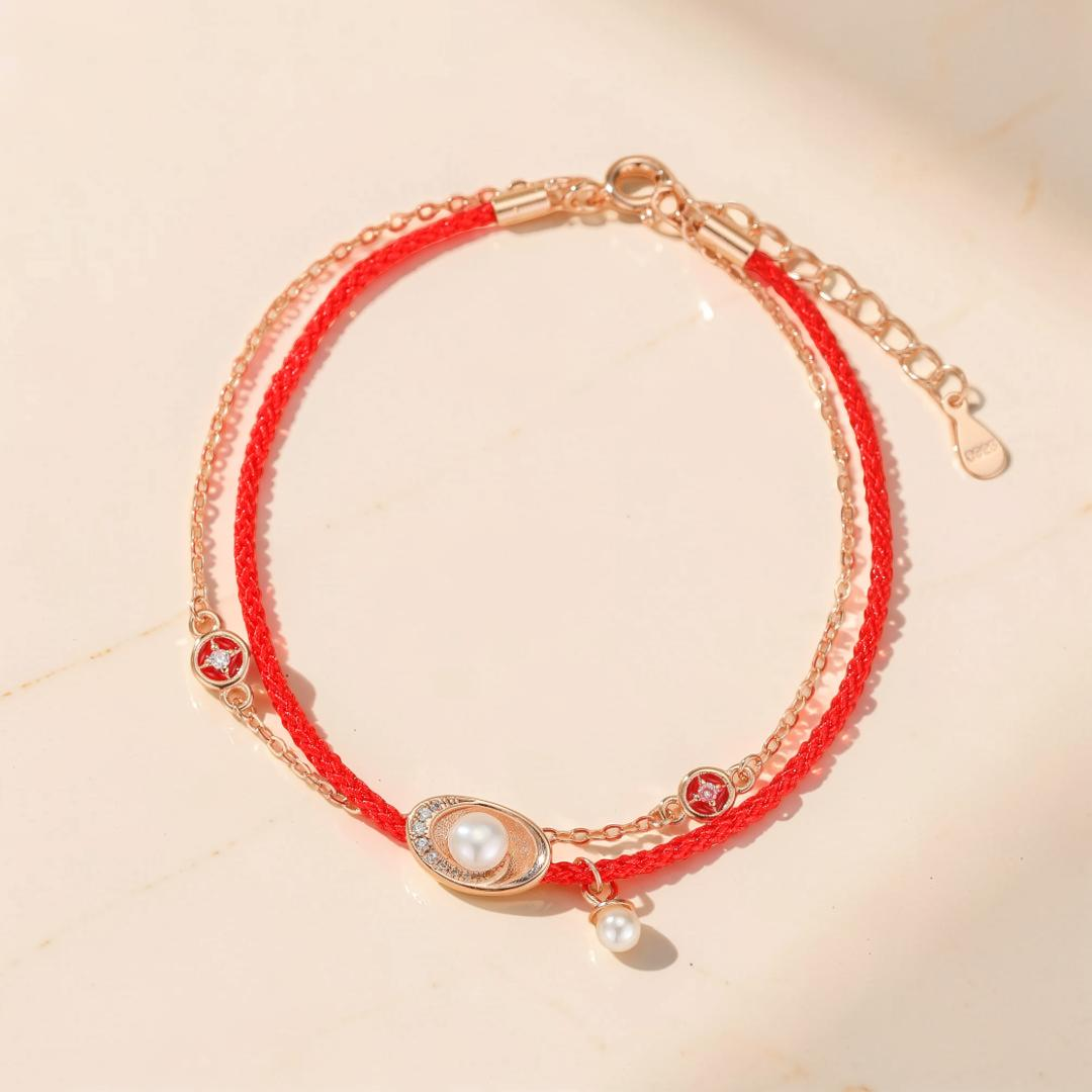 Bracelet Cordon Rouge et Perle – Trésor Marin, Argent Plaqué Or