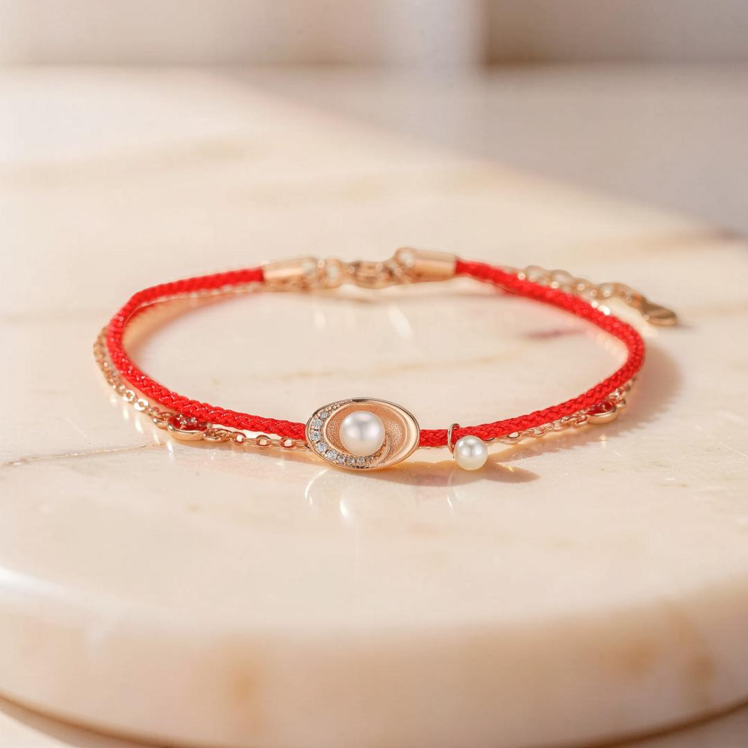 Bracelet Cordon Rouge et Perle – Trésor Marin, Argent Plaqué Or