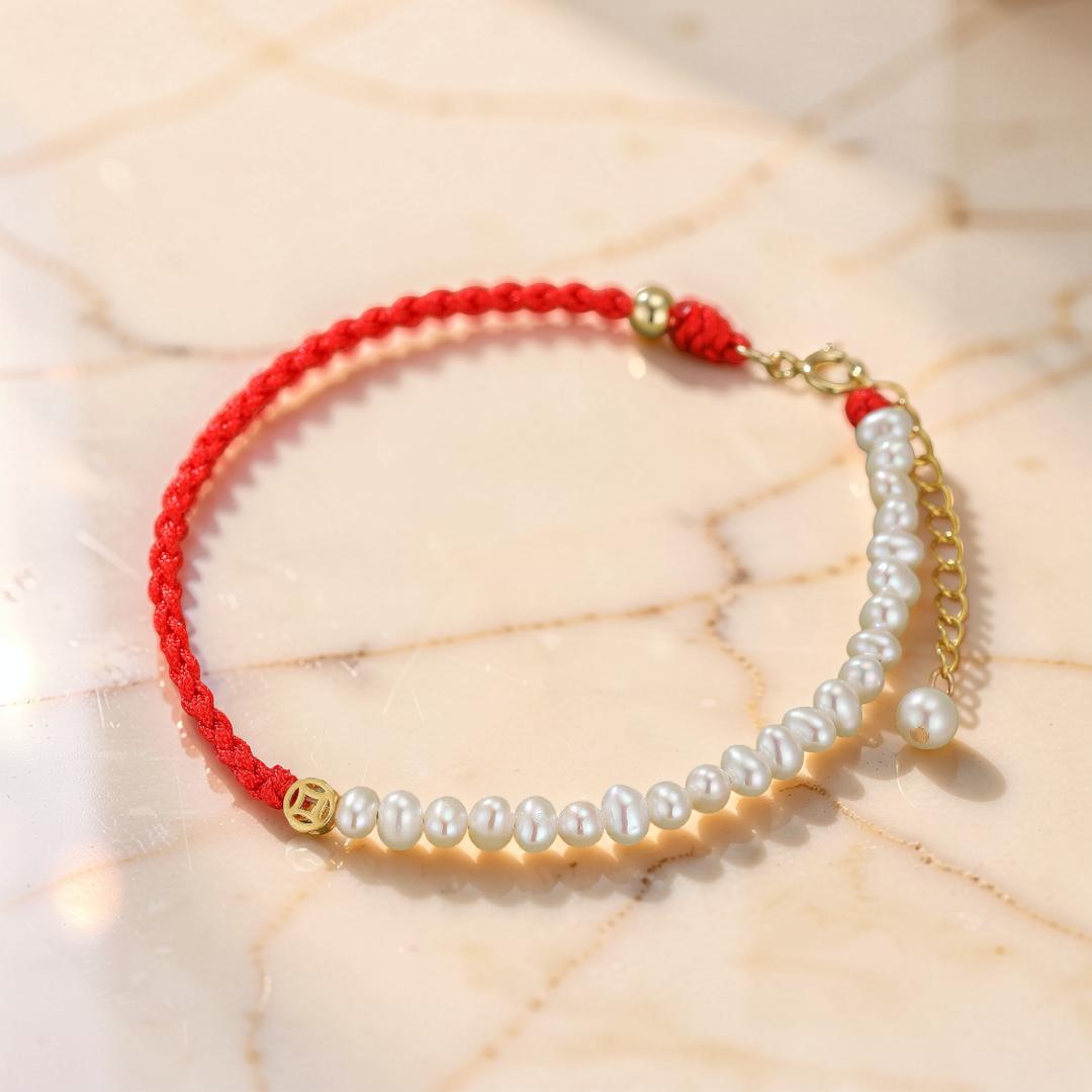 Bracelet Cordon Rouge et Perles – Harmonie d'Abondance, Argent 925
