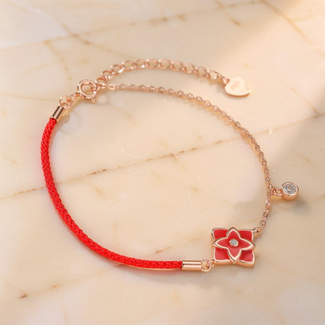 Bracelet Cordon Rouge – Fleur de Chance, Argent 925