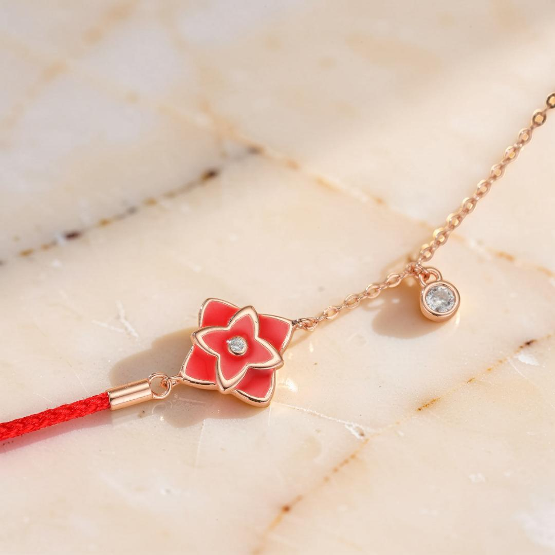 Bracelet Cordon Rouge – Fleur de Chance, Argent 925