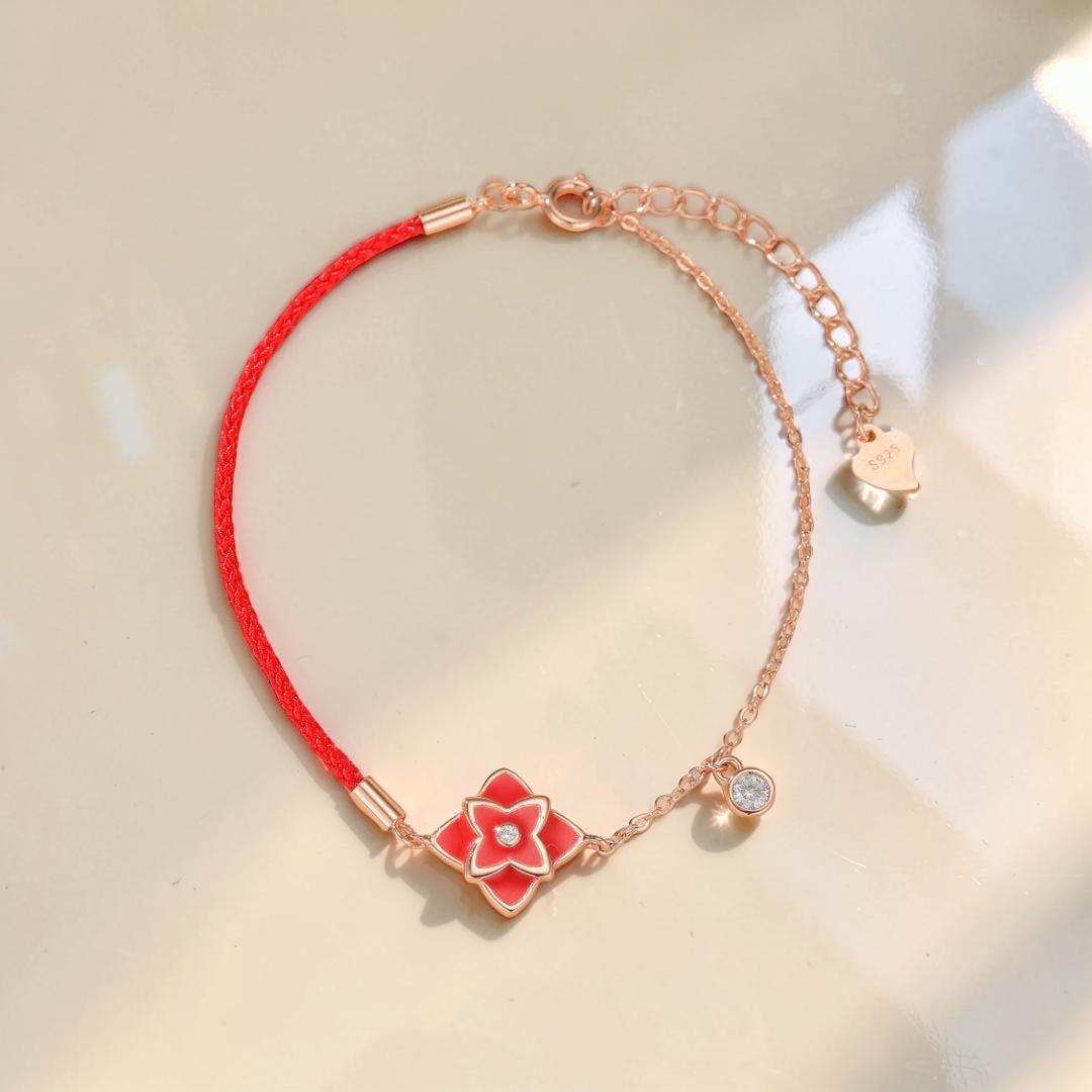 Bracelet Cordon Rouge – Fleur de Chance, Argent 925
