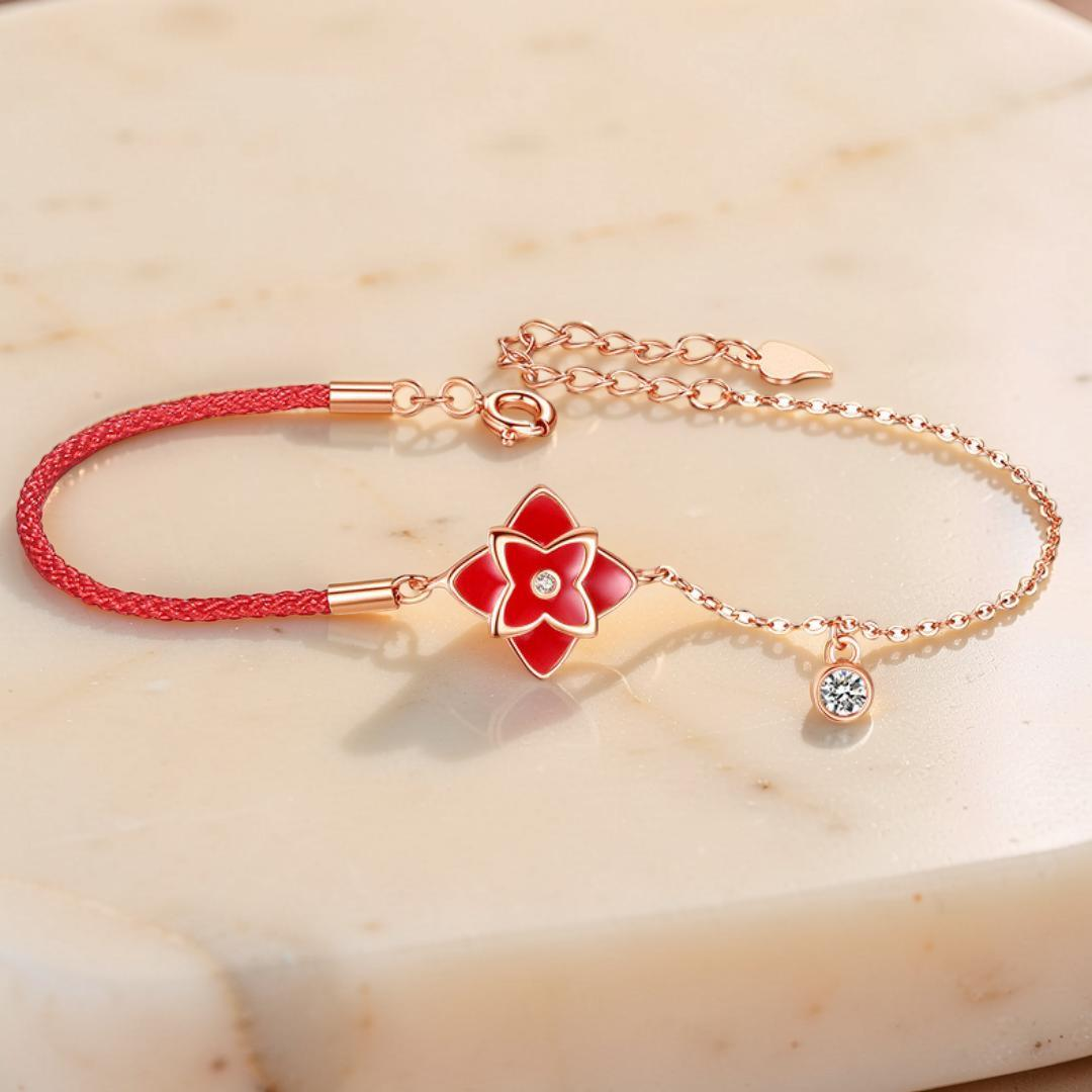 Bracelet Cordon Rouge – Fleur de Chance, Argent 925