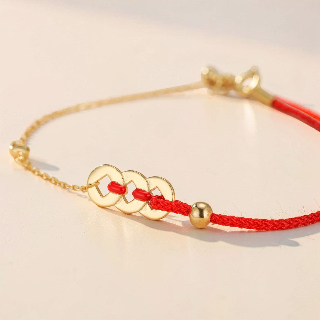 Bracelet Cordon Rouge – Monnaies Porte-Bonheur, Argent Plaqué Or 18K