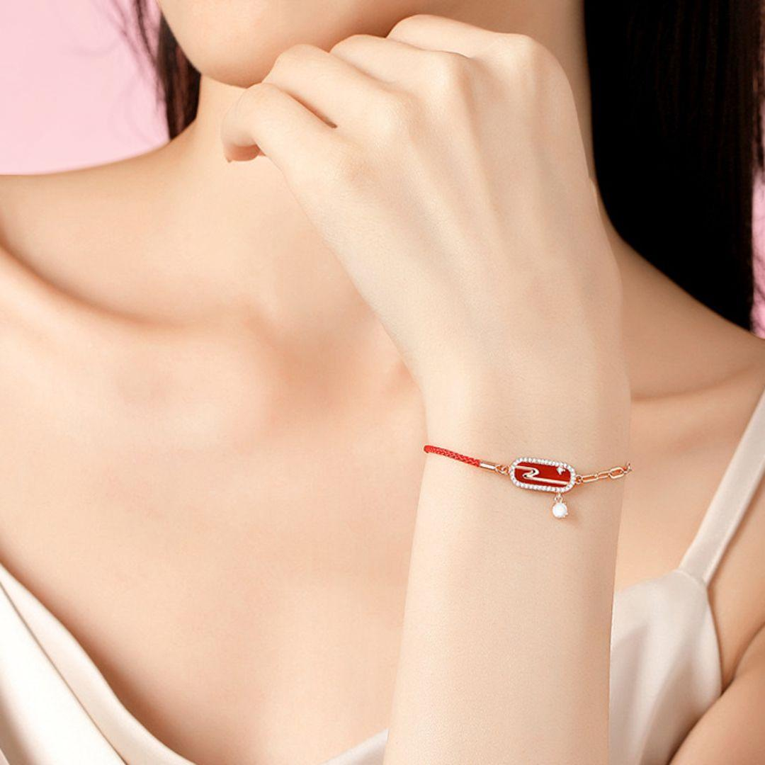 Bracelet Cordon Rouge – Nuage Lunaire, Argent Plaqué Or