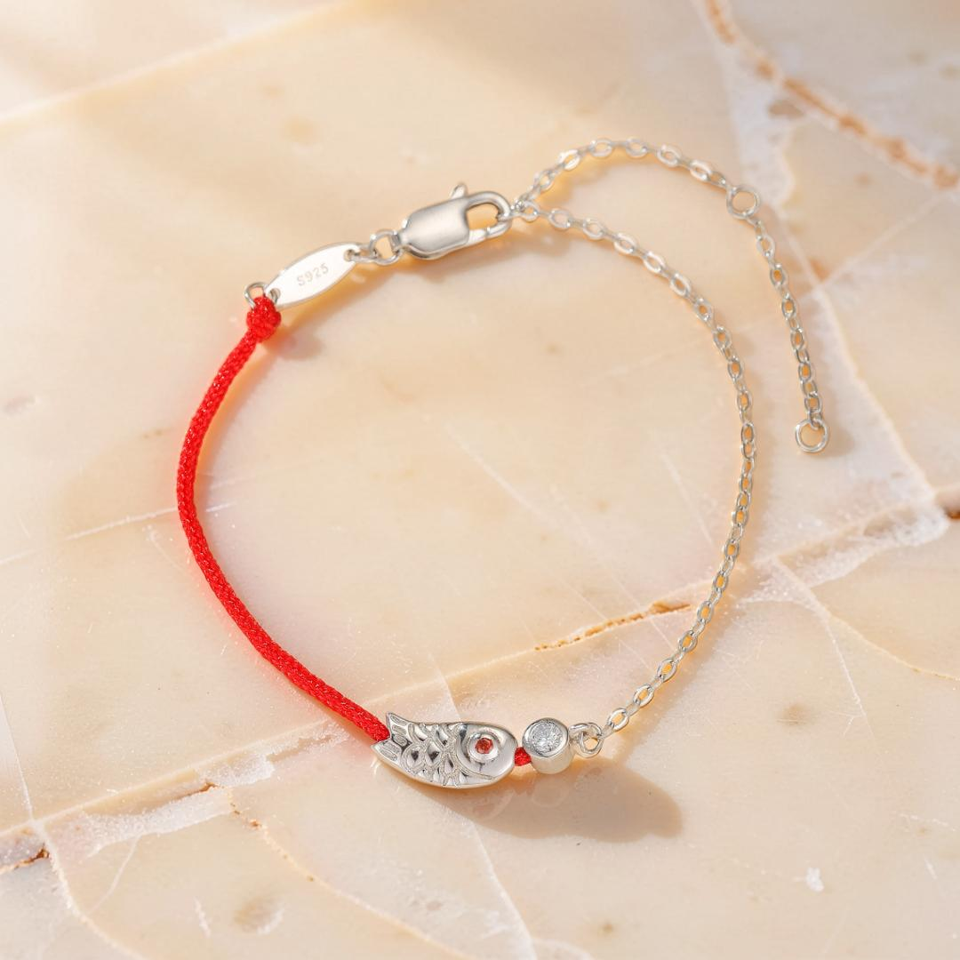 Bracelet Cordon Rouge – Poisson Porte-Bonheur, Argent 925