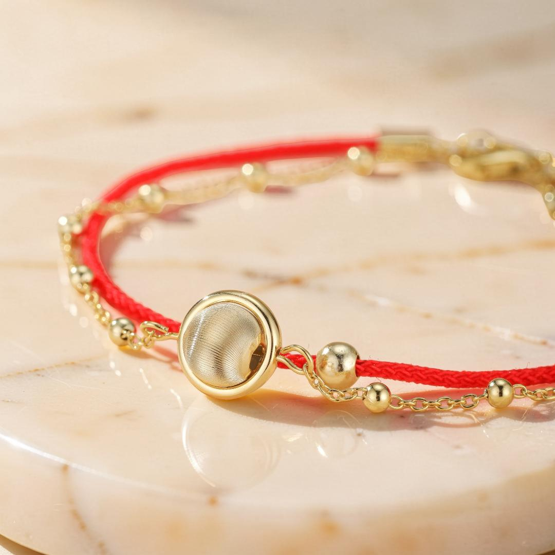 Bracelet Cordon Rouge – Roue de la Chance, Argent Plaqué Or