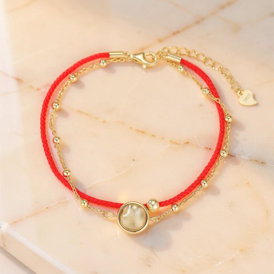 Bracelet Cordon Rouge – Roue de la Chance, Argent Plaqué Or