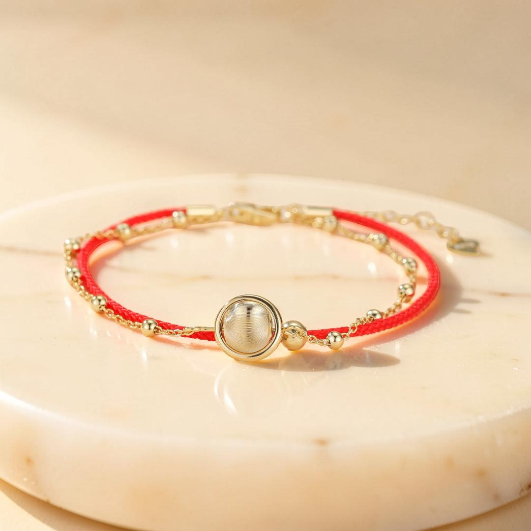 Bracelet Cordon Rouge – Roue de la Chance, Argent Plaqué Or