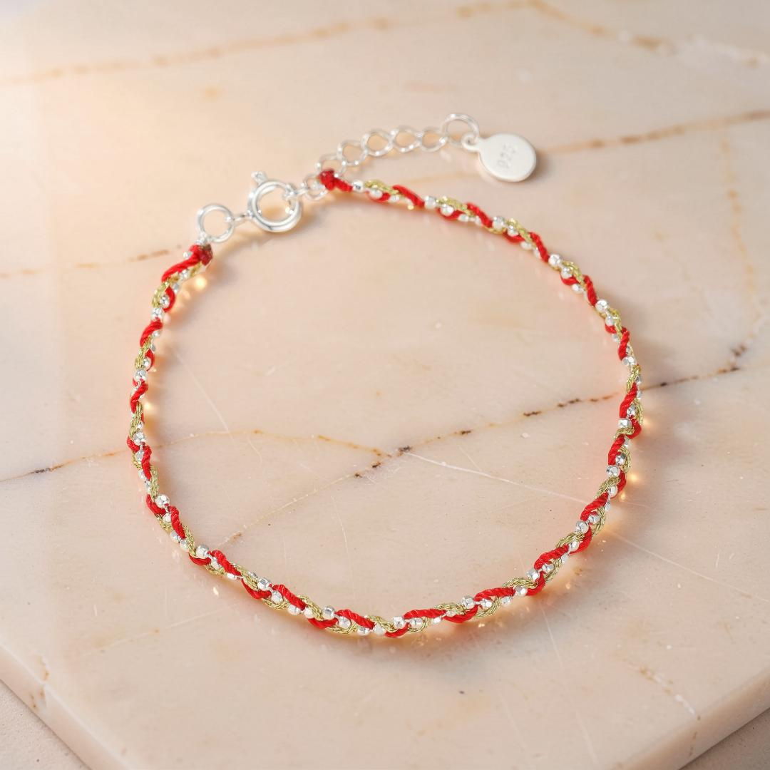 Bracelet Cordon Rouge – Tresse de Chance, Argent 925 et Fil Or 14K