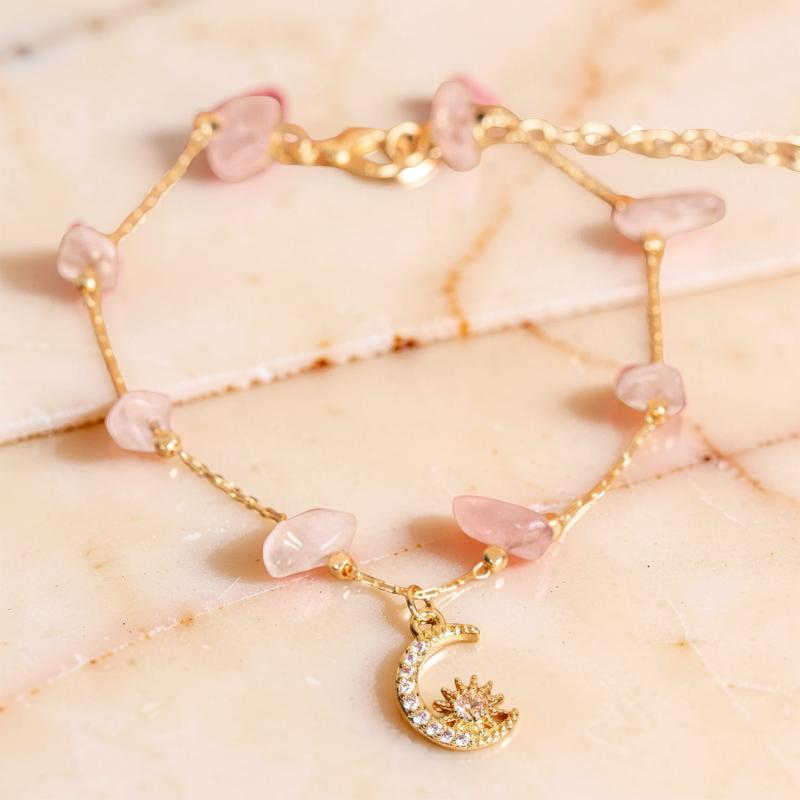 Bracelet de Cheville Aventurine et Quartz Rose – Danse Étoilée