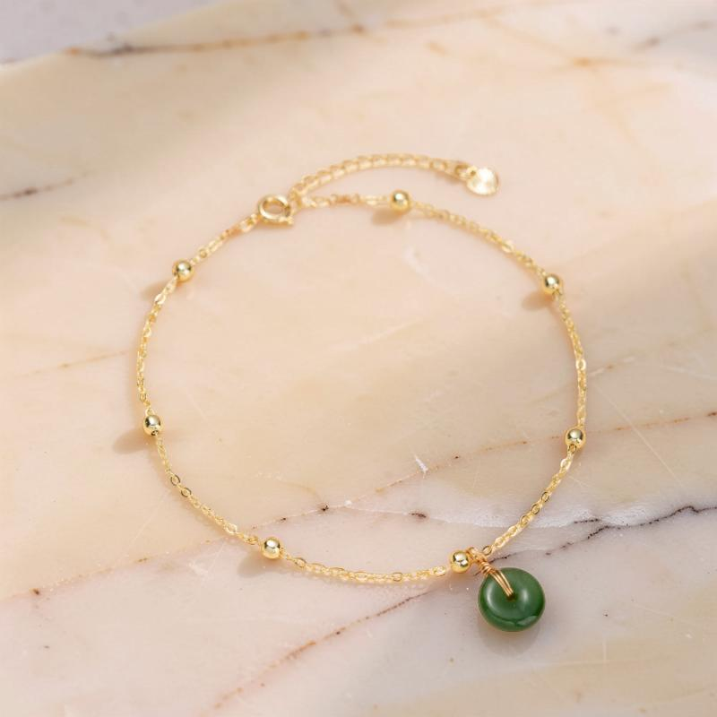 Bracelet de Cheville Jade – Paix et Harmonie, Argent Plaqué Or