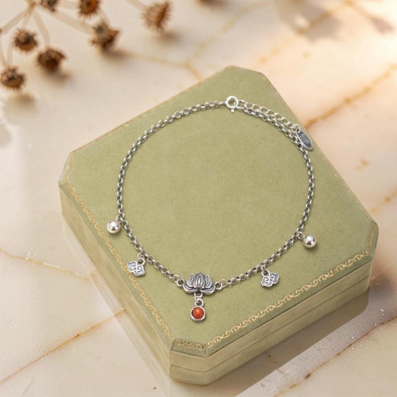 Bracelet de Cheville Lotus en Agate – Mer Enchantée, Argent