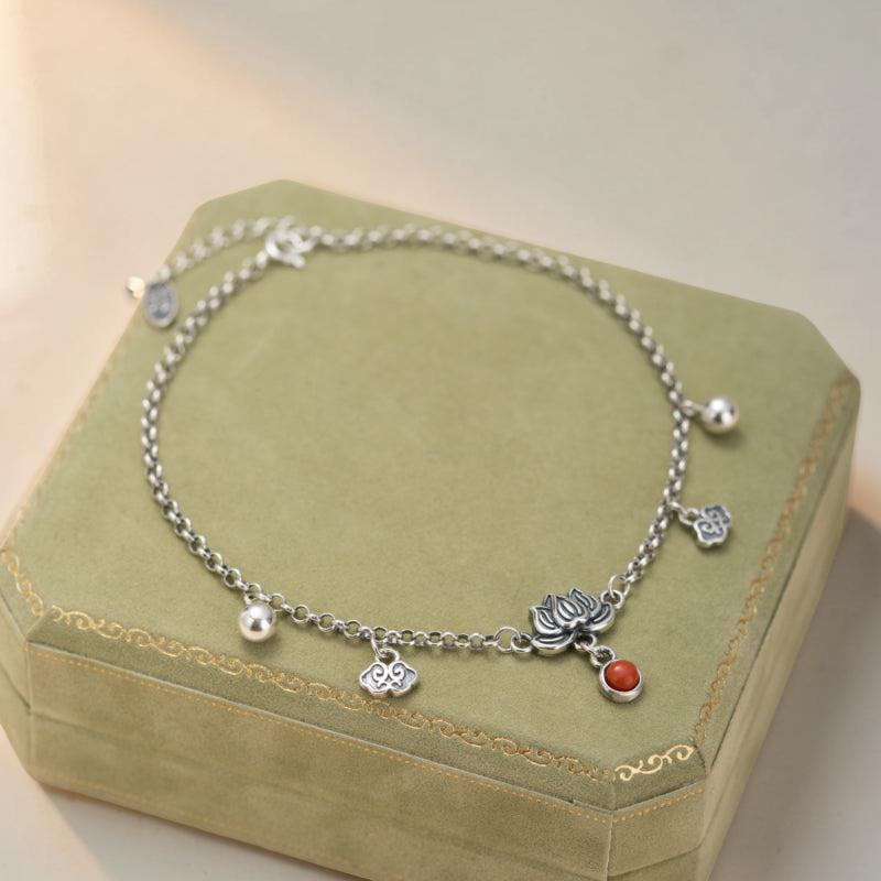 Bracelet de Cheville Lotus en Agate – Mer Enchantée, Argent