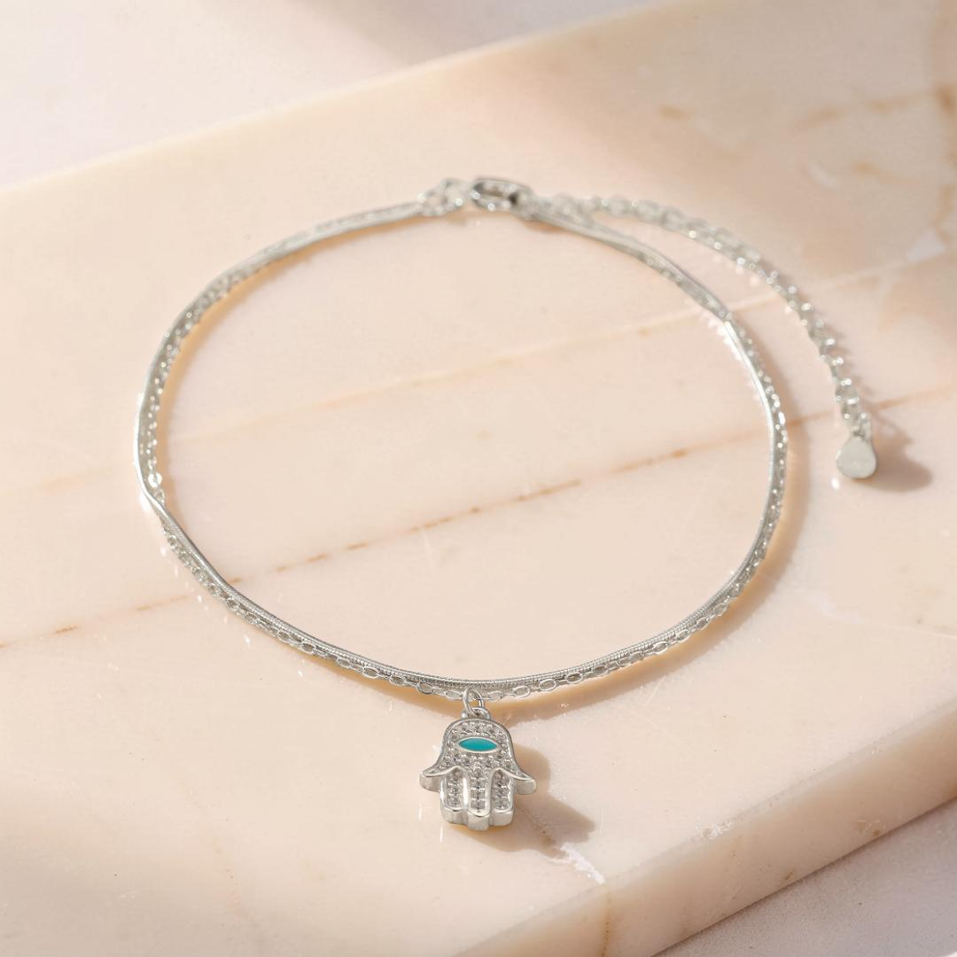 Bracelet de Cheville Main de Fatma – Protection Élégante, Argent 925