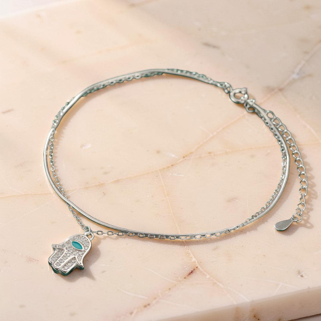 Bracelet de Cheville Main de Fatma – Protection Élégante, Argent 925