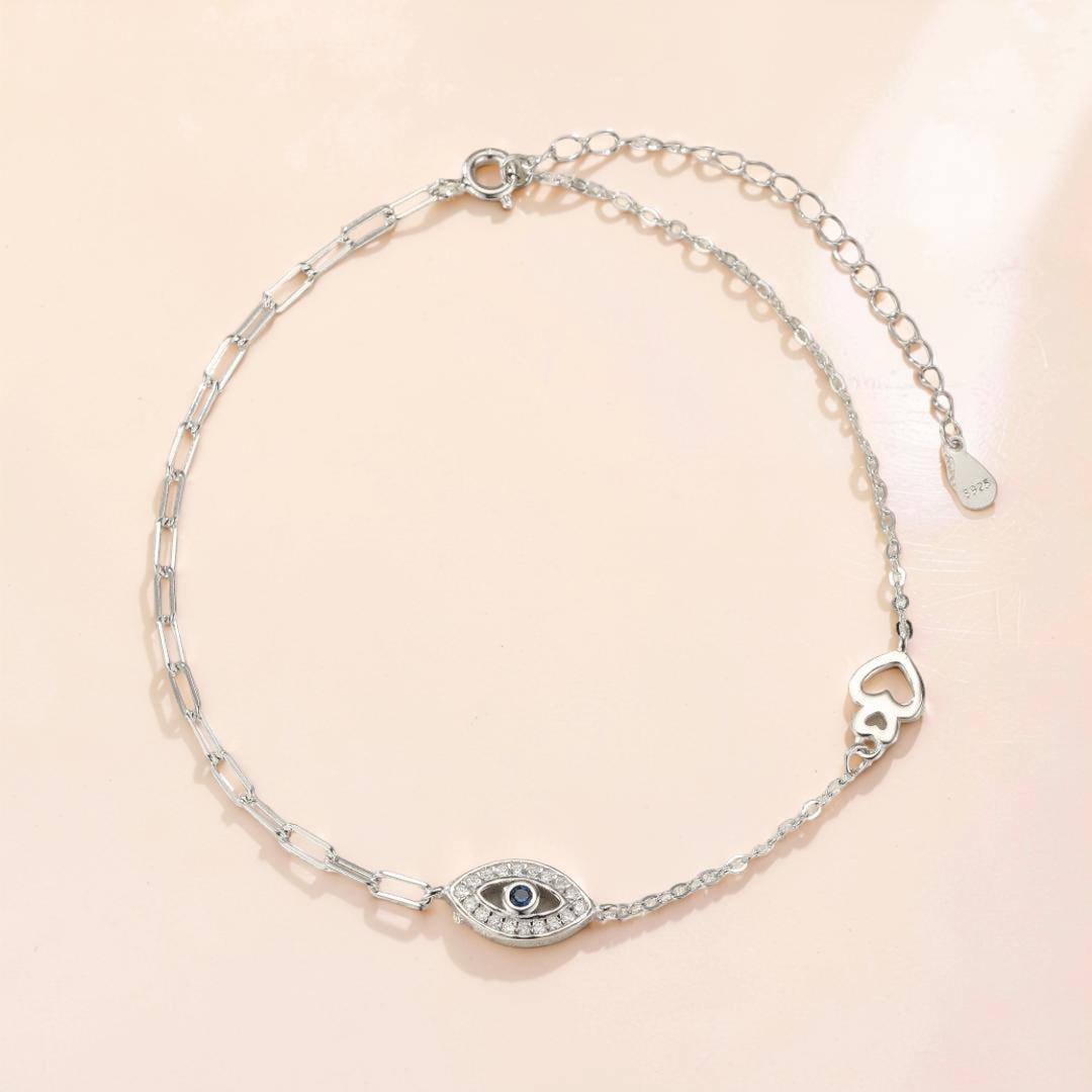 Bracelet de Cheville Mauvais Œil – Protection Éclatante, Argent 925