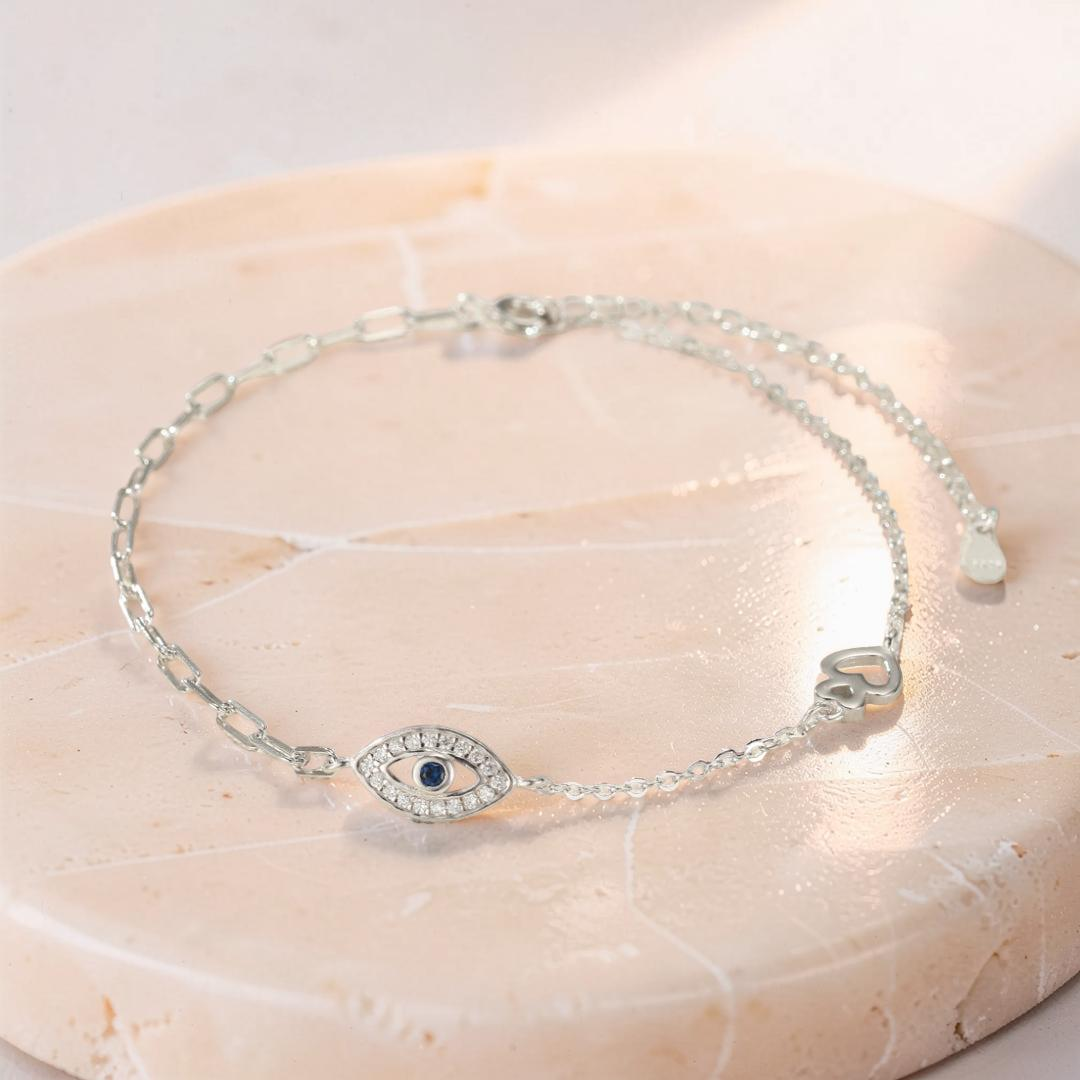 Bracelet de Cheville Mauvais Œil – Protection Éclatante, Argent 925