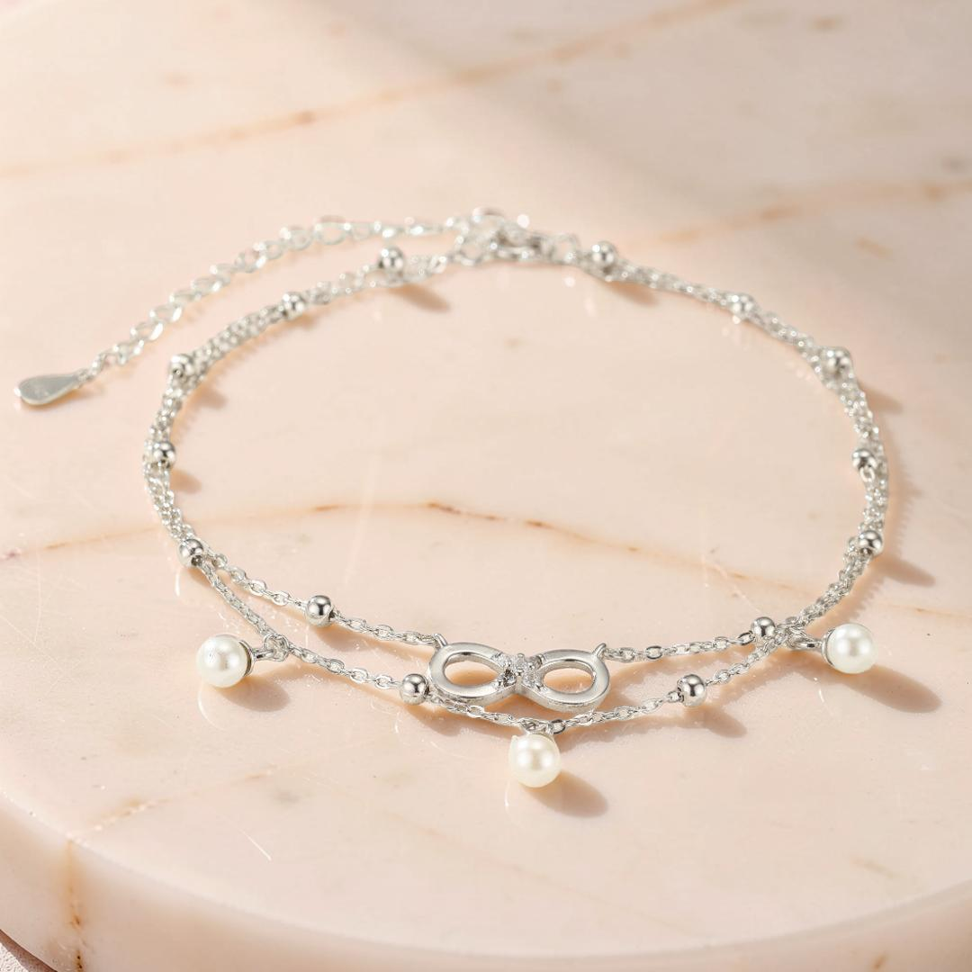 Bracelet de Cheville Perle – Éternité Lumineuse, Argent 925