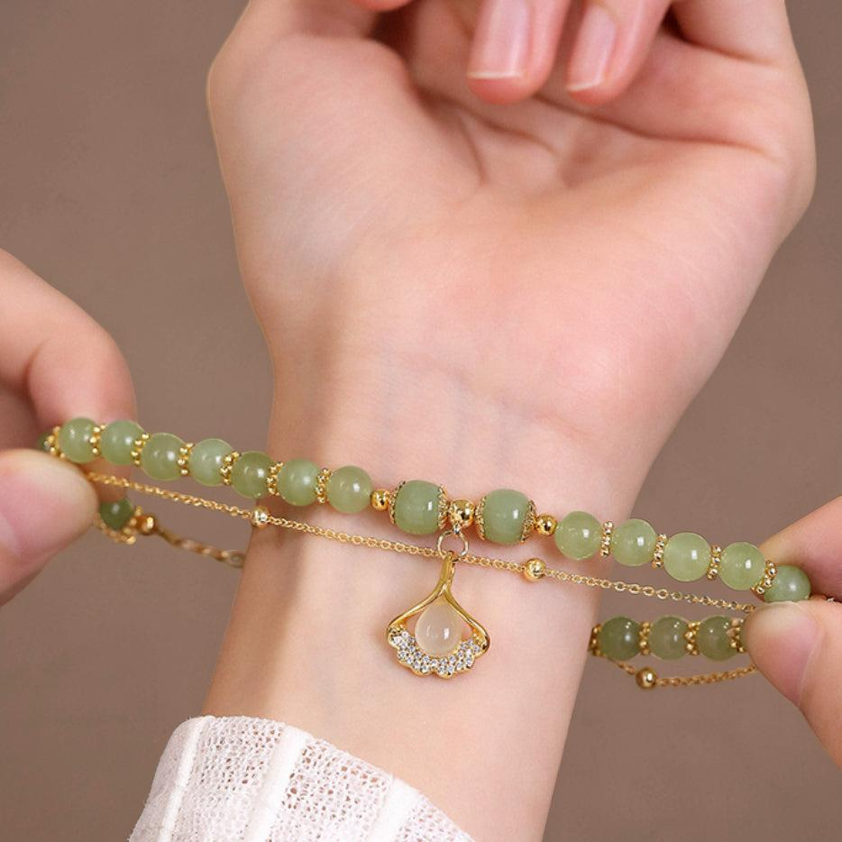 Bracelet Jade – Feuille Ginkgo, Argent Plaqué Or