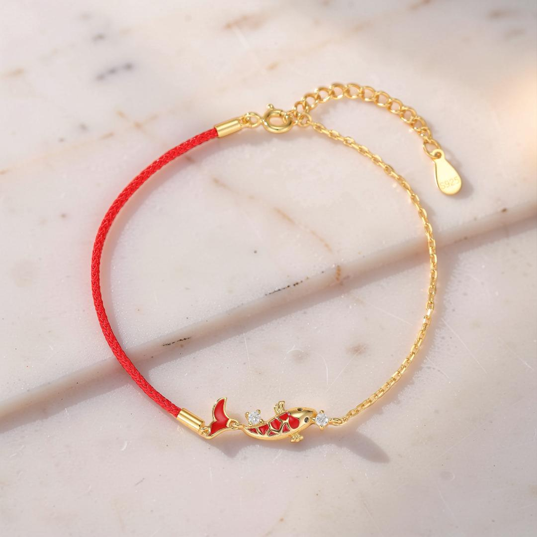 Bracelet Fil Rouge avec Carpe Koï – Chance, Argent 925