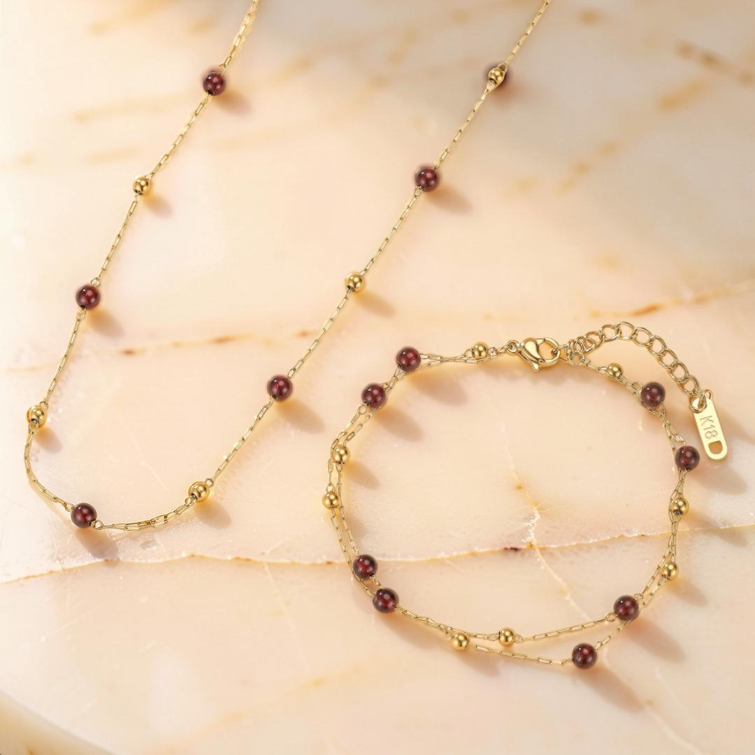 Bracelet Grenat – Cœur de Passion, Plaqué Or 18K