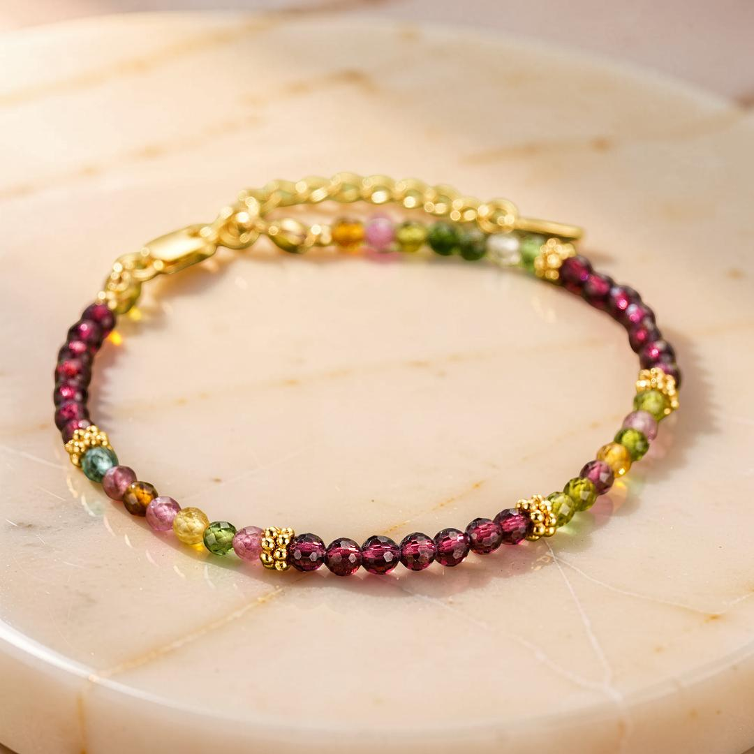 Bracelet Grenat et Tourmaline – Équilibre Chromatique, Argent Plaqué Or