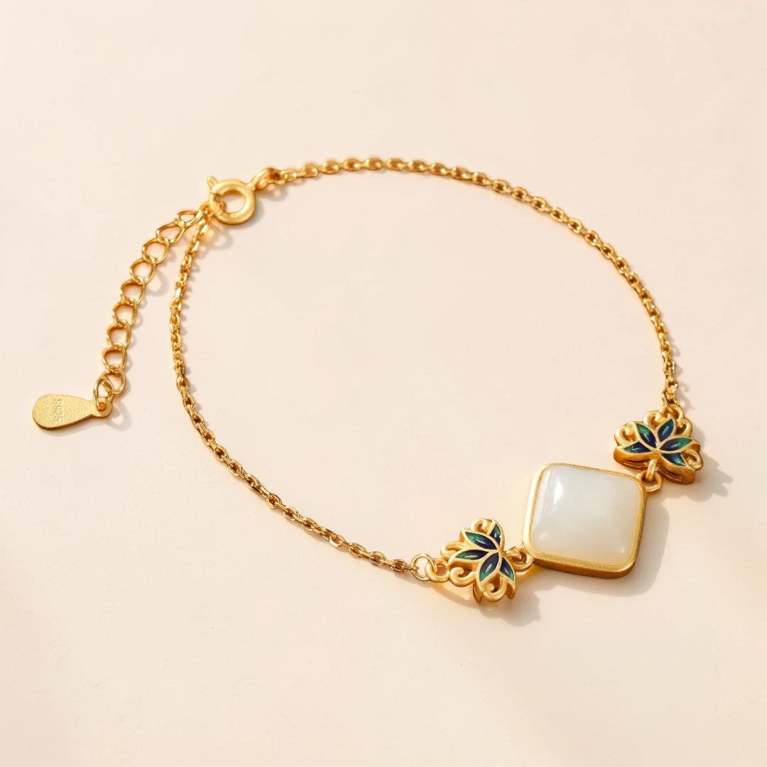 Bracelet Jade Blanc – Éveil Lotus Bleu, Argent Plaqué Or