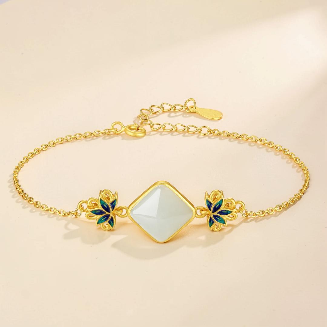 Bracelet Jade Blanc – Éveil Lotus Bleu, Argent Plaqué Or