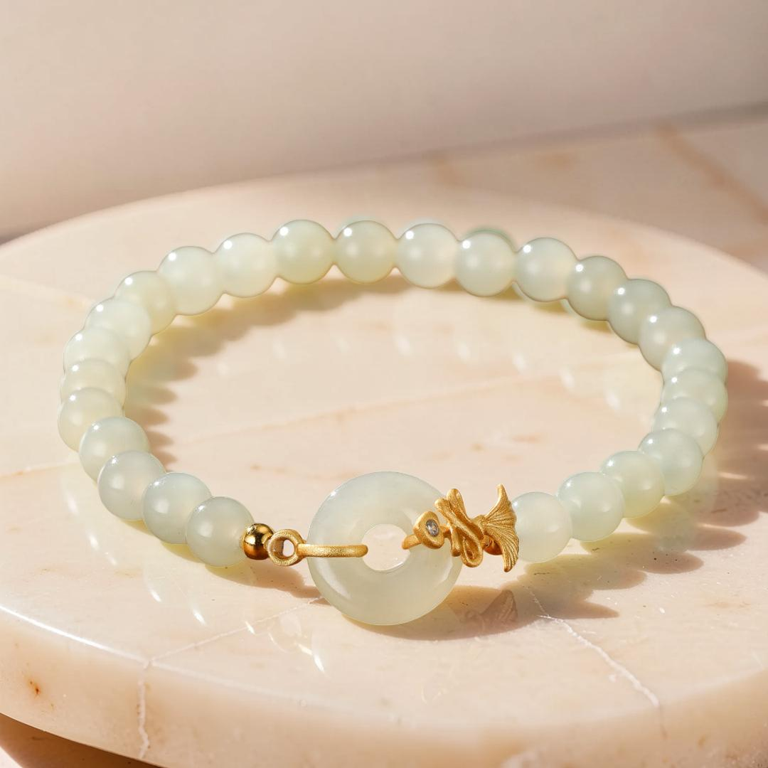 Bracelet Jade Blanc – Grâce d'Œillet, Argent Plaqué Or
