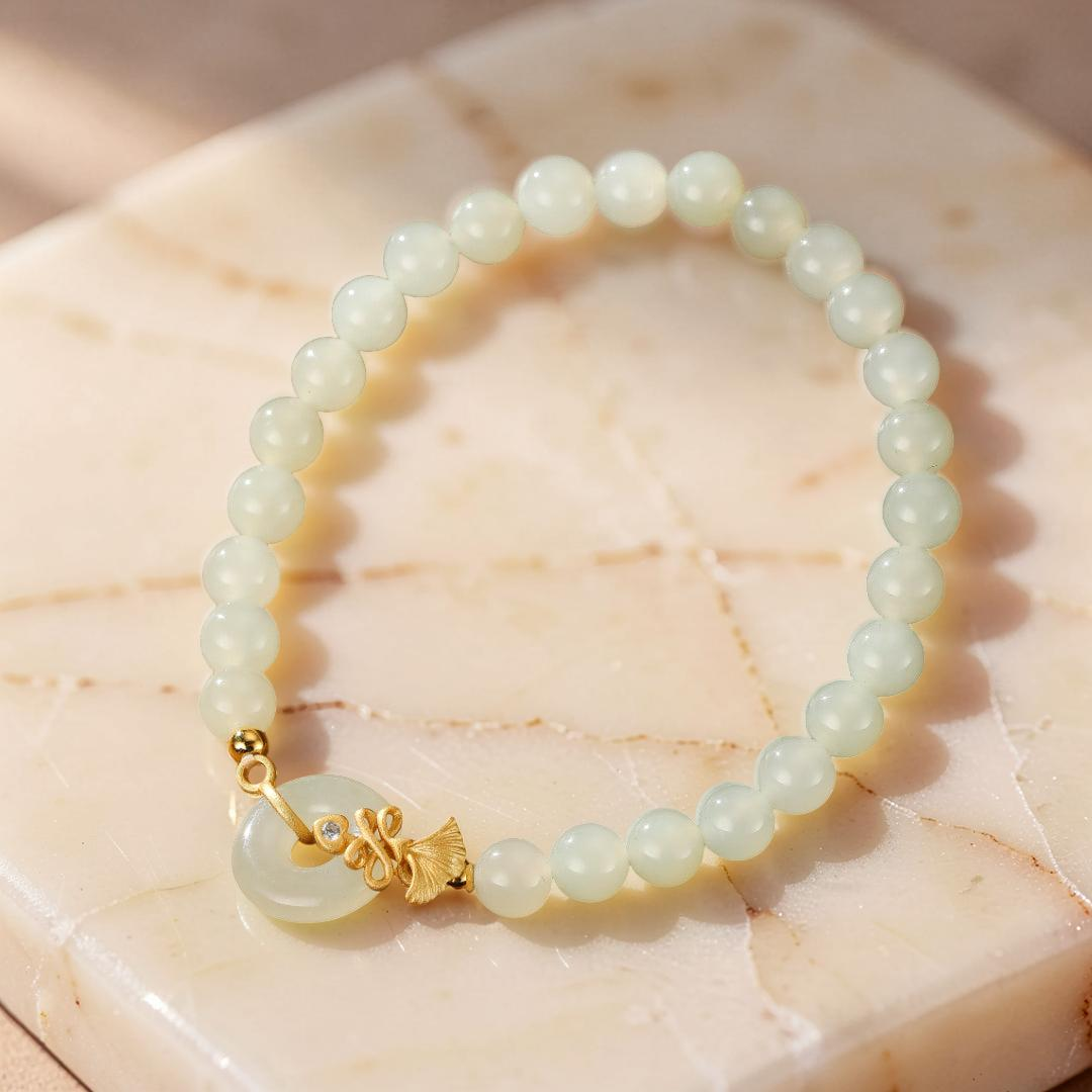 Bracelet Jade Blanc – Grâce d'Œillet, Argent Plaqué Or
